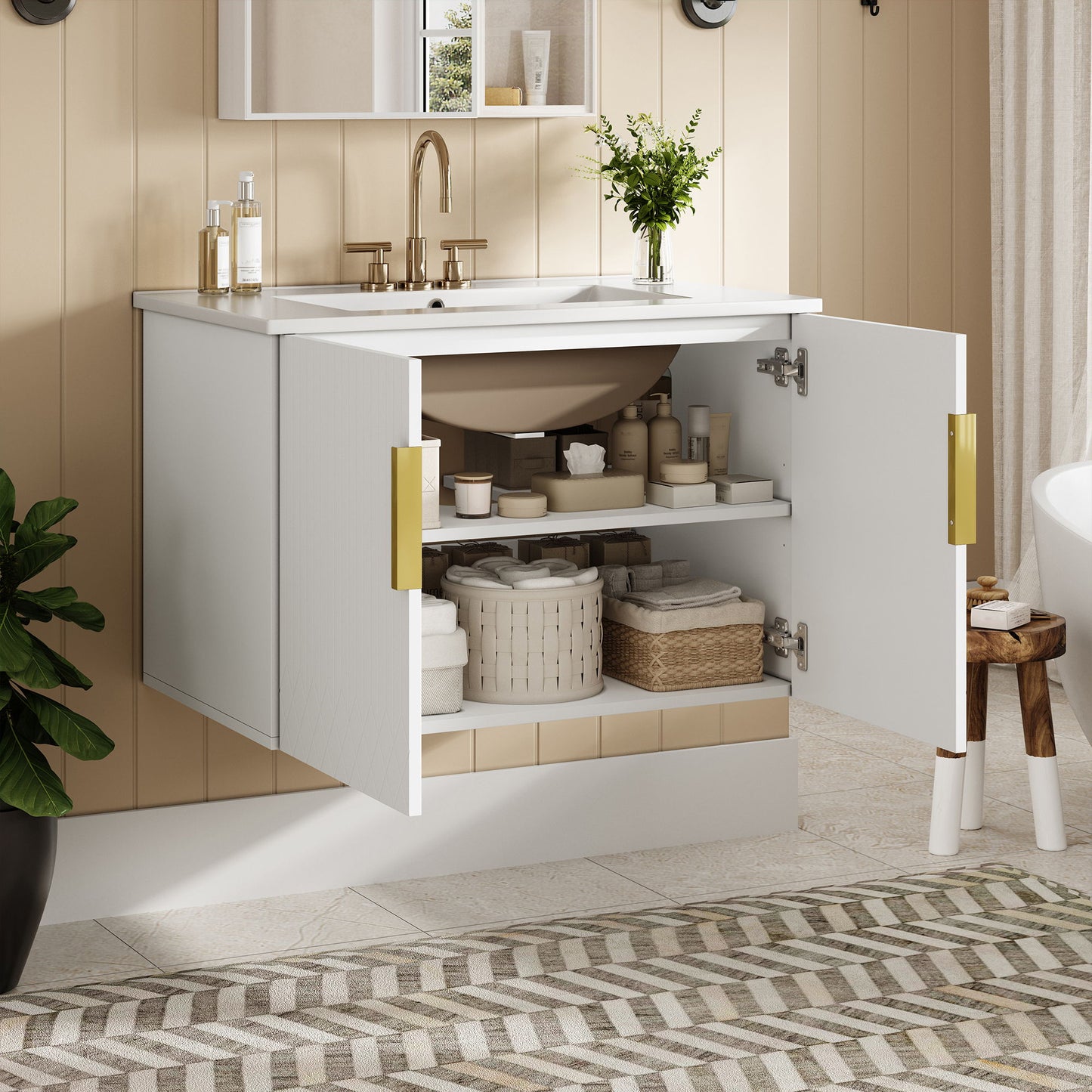 Bathroom Vanity With Sink, Rectangular Storage Cabinet With 2 Soft Closing Doors