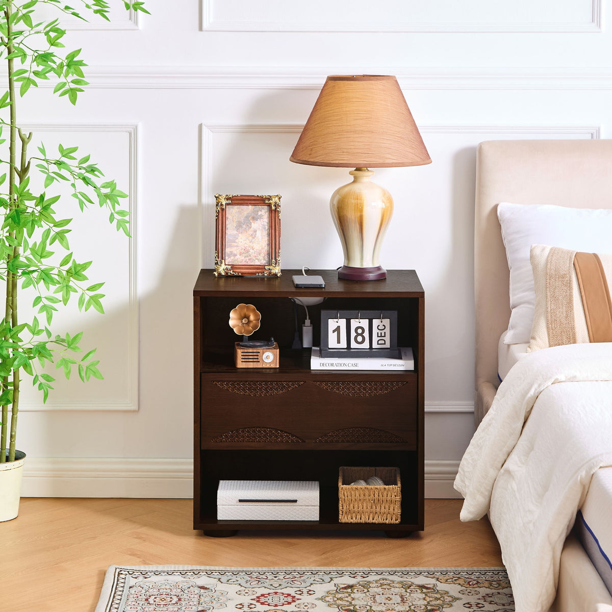Nightstand With USB Ports & Outlet Hole, End Table With Drawer