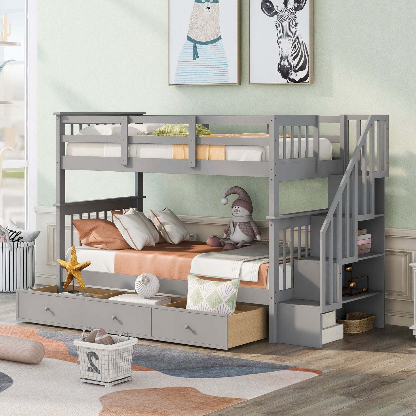 Stairway Bunk Bed With Storage And Guard Rail For Bedroom