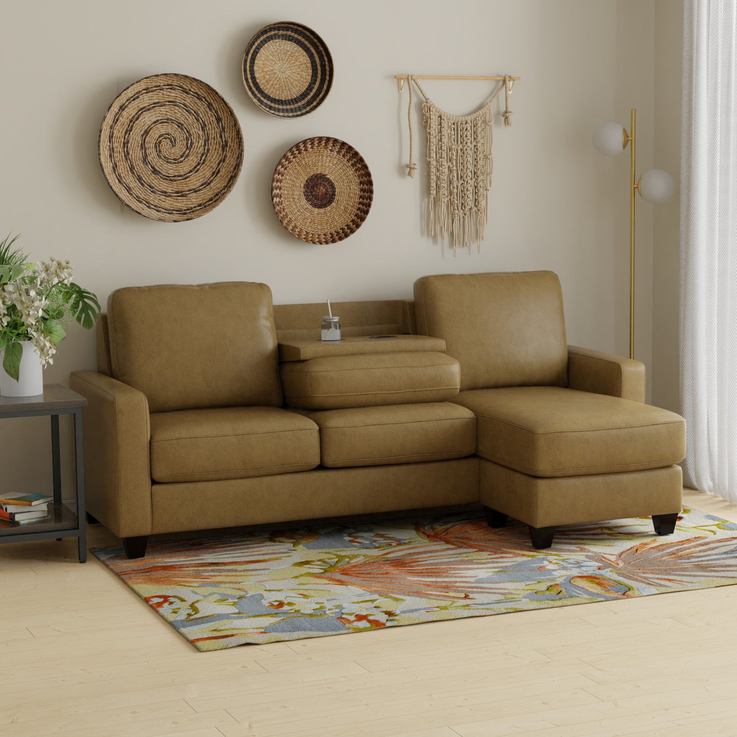 2 Piece Sofa With Chaise, Comfortable Seating For 3, Tapered Feet, USB Charging Console - Brown