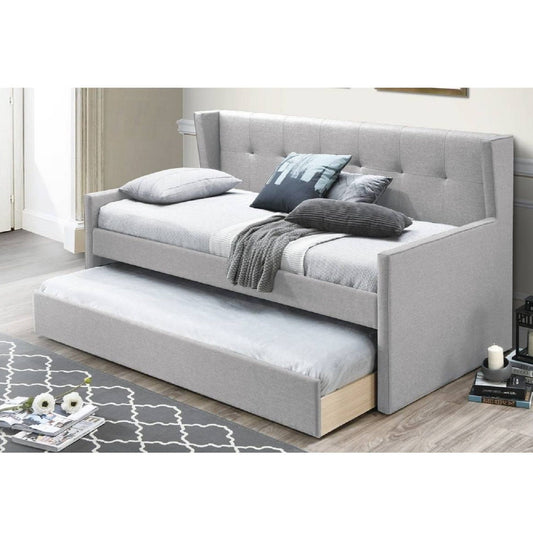 Daybed With Slat Trundle, Button Tufted - Light Gray