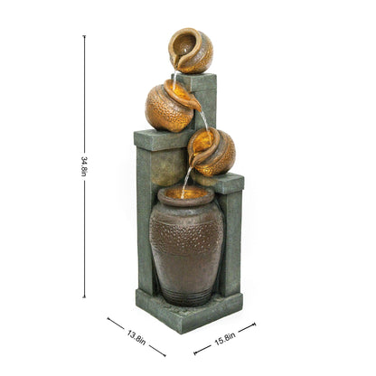 4 Tier Outdoor Water Fountain With Warm LED Lights For Patio - Brown / Tan