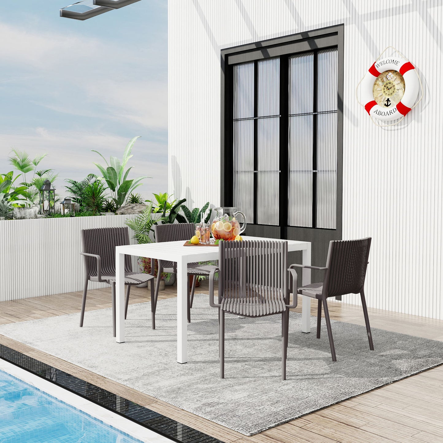 4 Modern Stackable Armchair Matched With Long Table