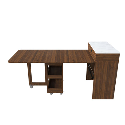 Extendable Dining Table With Power Socket, Lockable Casters, Storage Cabinet