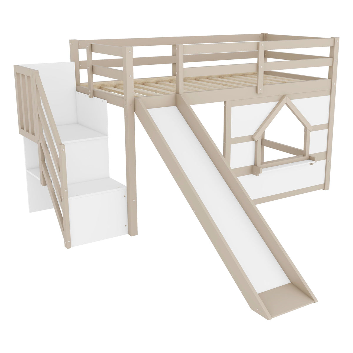 Loft Bed With Storage Stairs, Slide, Playhouse Window And 7 Colors LED Lights