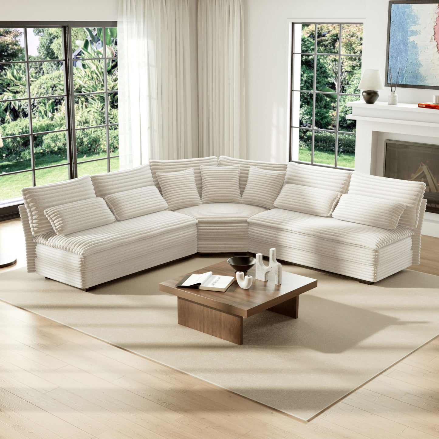 5 Seater L Shaped Sectional Sofa With Curved Corner, 7 Pillows