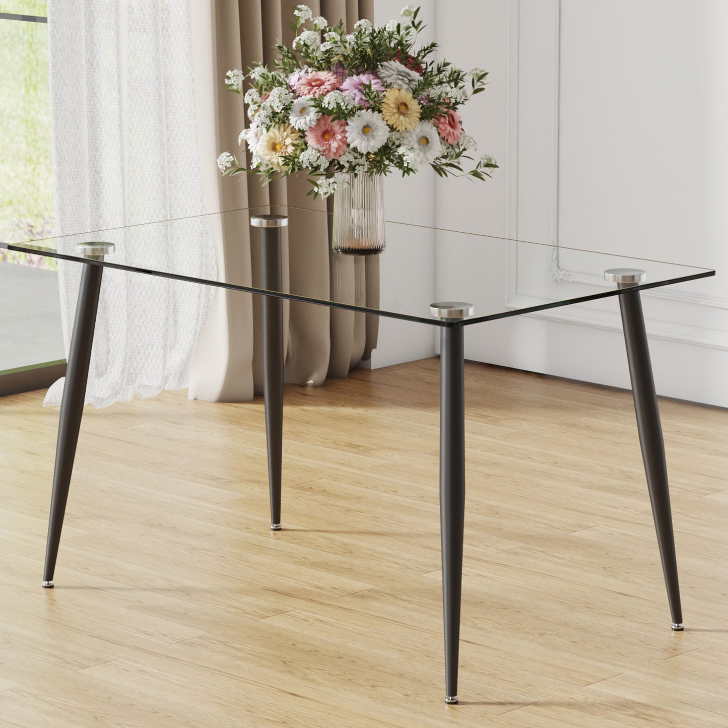 Modern Rectangular Glass Dining Table With Tempered Glass Top And Metal Legs For 4 - 6 People - Black / Transparent