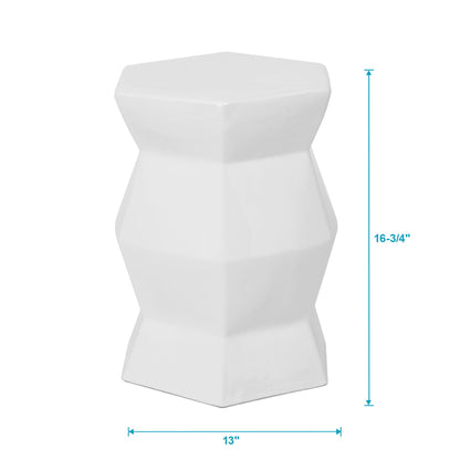 Contemporary Ceramic Drum Stool Indoor / Outdoor Side Table Glazed Accent Garden Stool - White