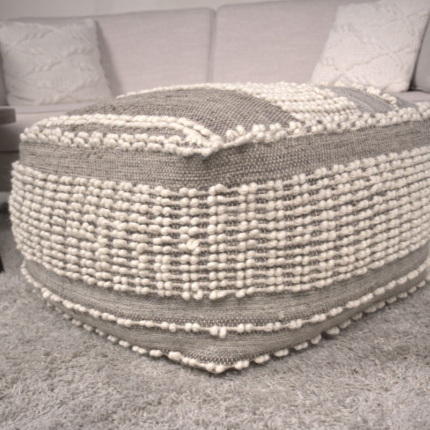 Rustic Wool And Cotton Large Pouf, Handcrafted Tufted Design - Brown / Beige