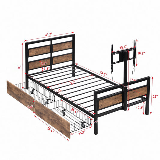 Twin Size Platform Bed With Headboard And Footboard, 2 Storage Drawers And Rotatable TV Stand - Black