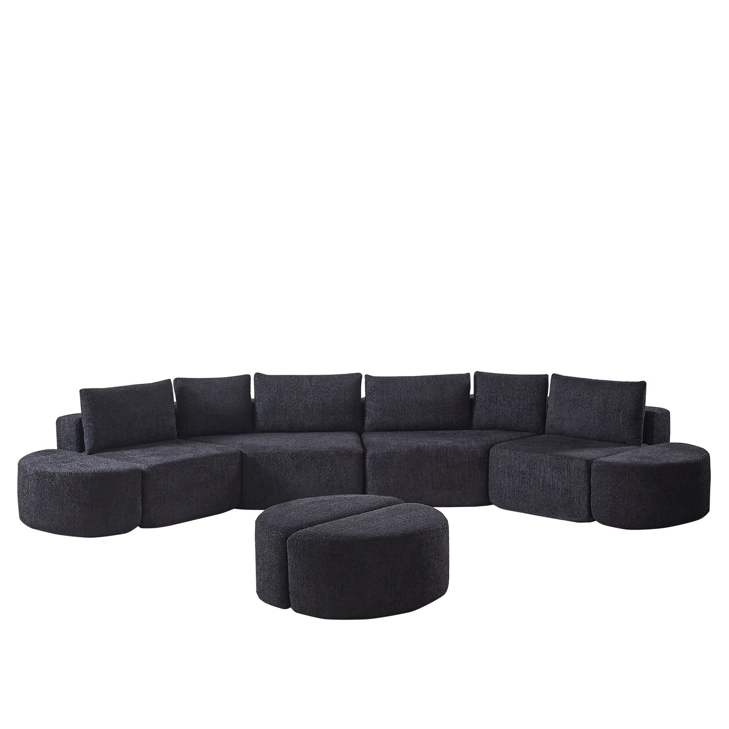 Modular Sectional Sofa With 6 Pillows And 4 Curved Footstools For Living Rooms - Black