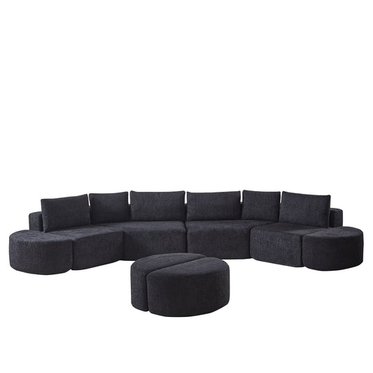 Modular Sectional Sofa With 6 Pillows And 4 Curved Footstools For Living Rooms - Black