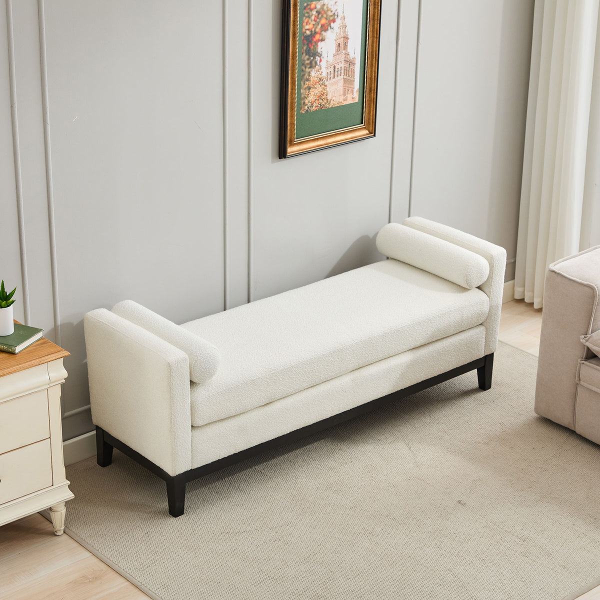 Upholstered End Of Bed Bench With Arms, 2 Bolsters For Bedroom - Ivory