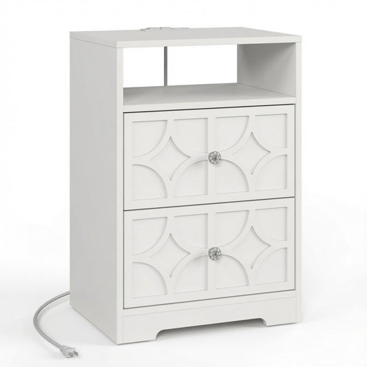 Nightstand With Diamond Carvings Handles, 2 Drawers & Charging Station