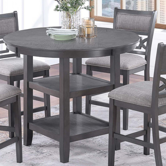 5 Piece Counter Height Dining Set With Storage Shelves Round Table And Upholstered High Chairs - Gray