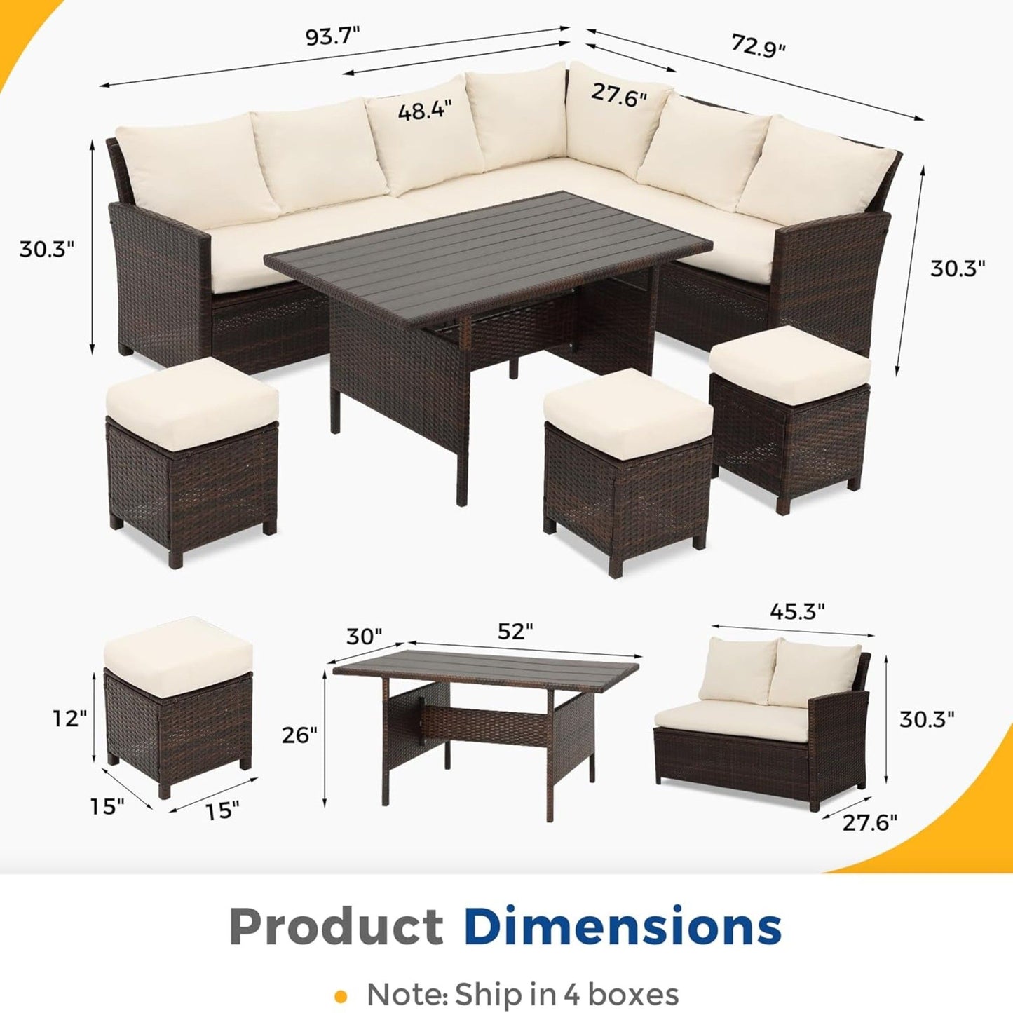 7 Piece Patio Dining Set With Cushions, Modular Sectional Sofa & Storage Table