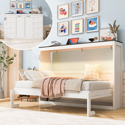 Murphy Bed With LED Light, Foldable Wall Bed Cabinet