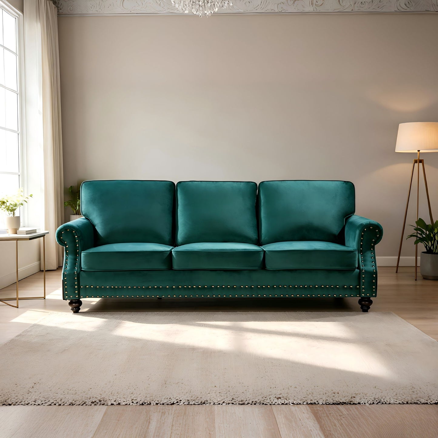 3 Seater Sofa With Nailhead Trim And Turned Legs For Living Room