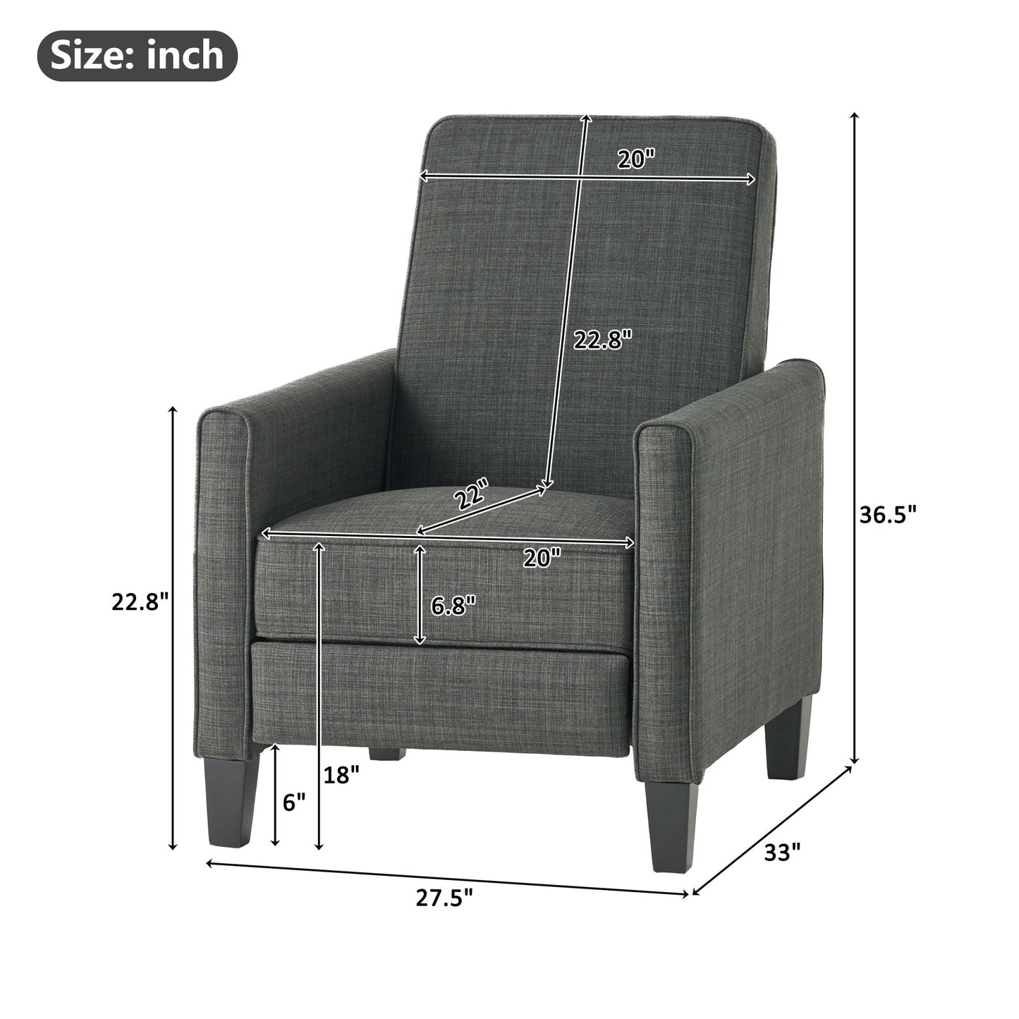 Gray armchair with dimensions marked on a white background