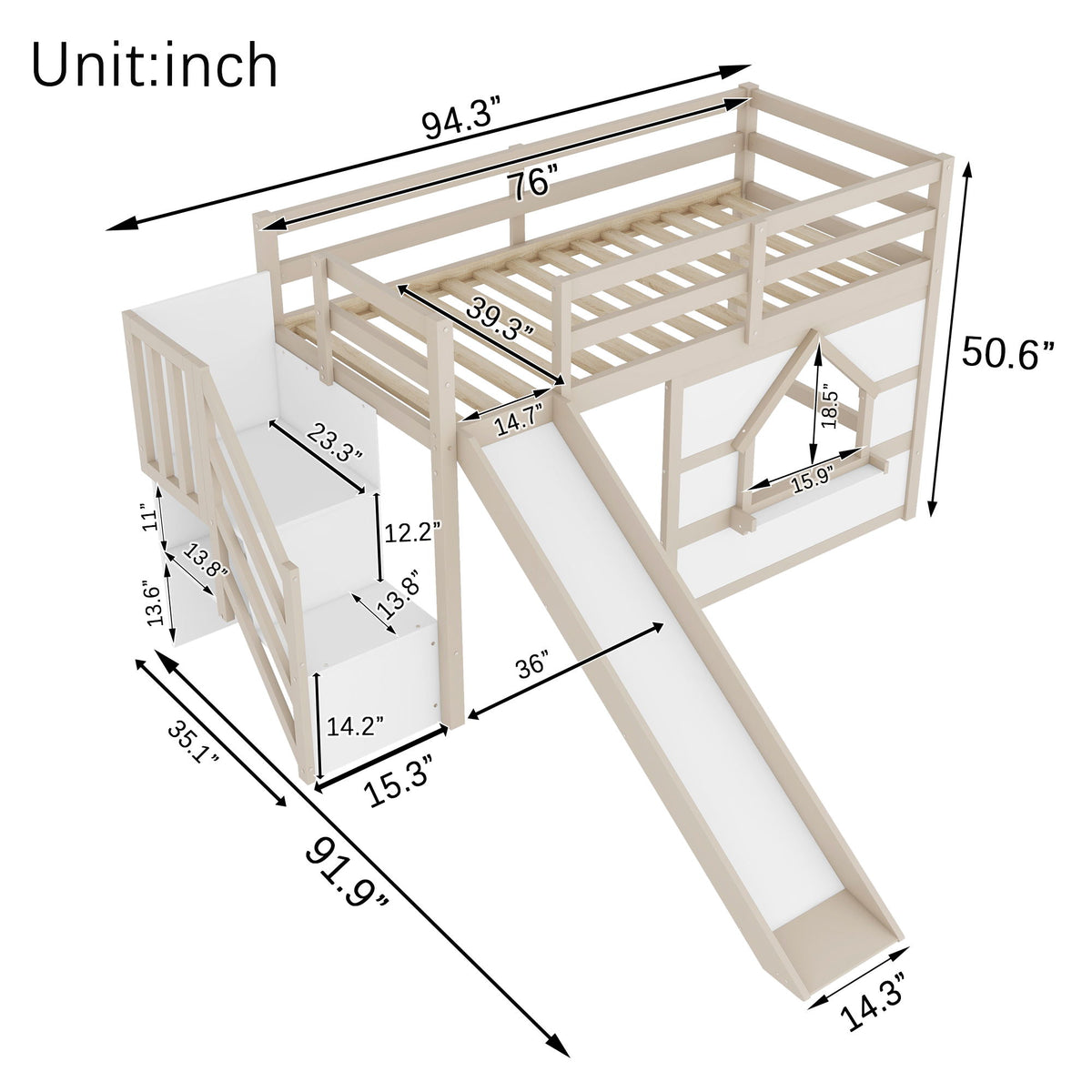 Loft Bed With Storage Stairs, Slide, Playhouse Window And 7 Colors LED Lights