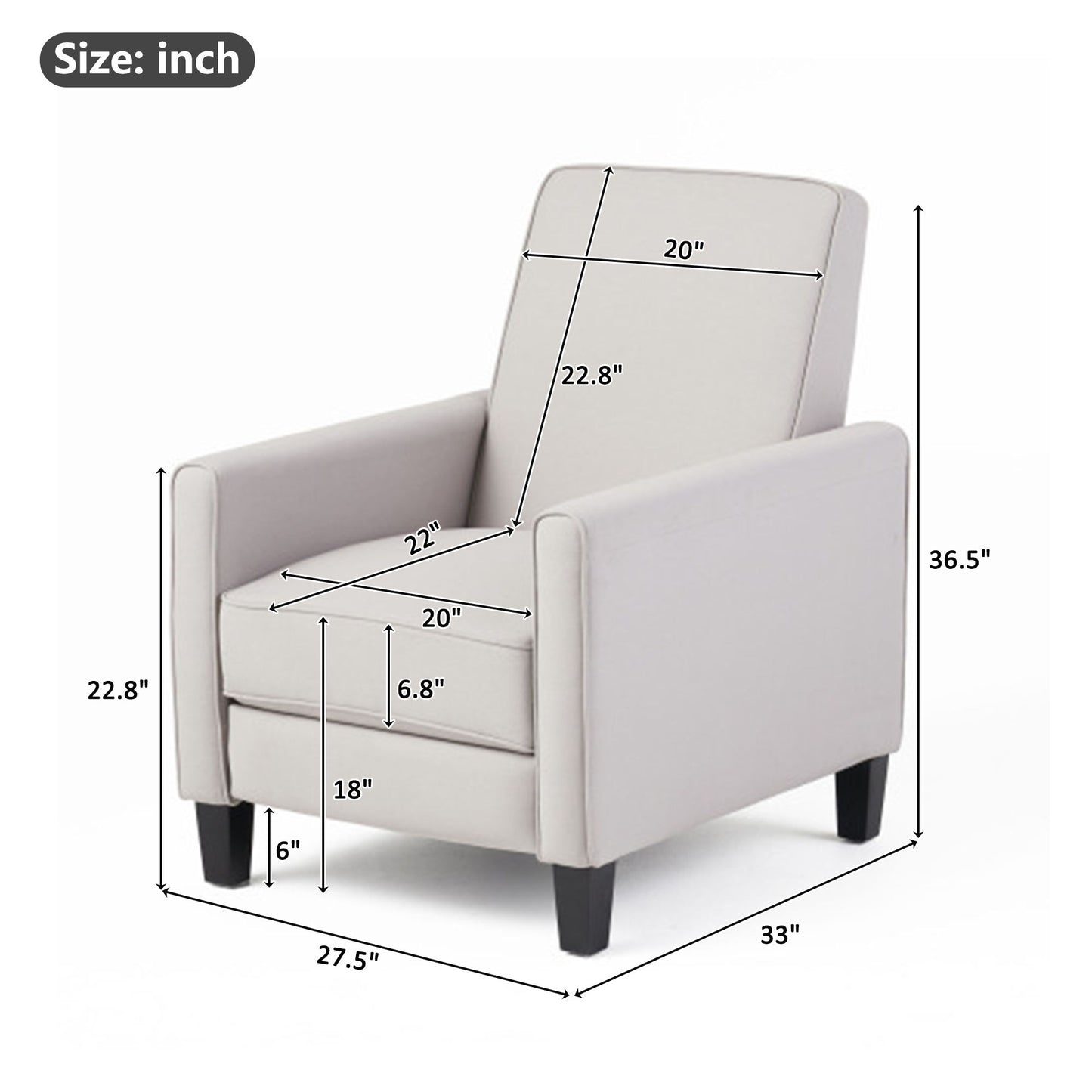 Gray armchair with dimensions labeled in inches on a white background