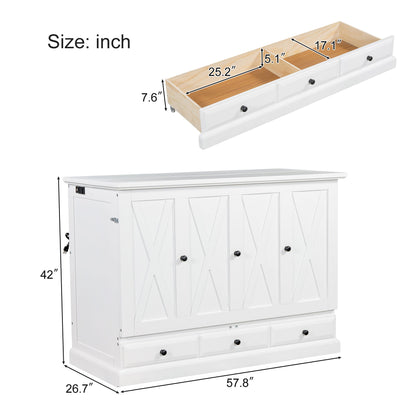 Solid Pine Murphy Bed Chest Cube Cabinet Bed With Charging Station And Large Storage Drawer For Home Office Or Small Room