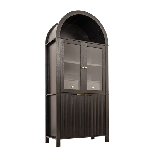 Fluted Tall Arched Pantry Cabinet With Adjustable Shelves, Glass Door & Hidden Drawer For Kitchen