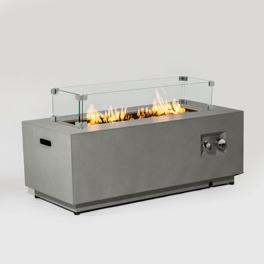 Propane Gas Fire Pit Table, 50000 Btu Rectangular With Glass Wind Guard For Outside - Gray