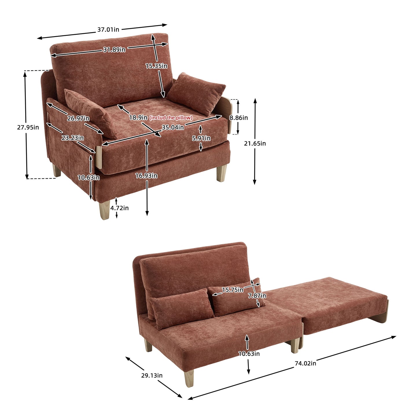 Mid Century Modern Foldable Sofa Bed, 3 In 1 Convertible Sleeper With 3 Pillows