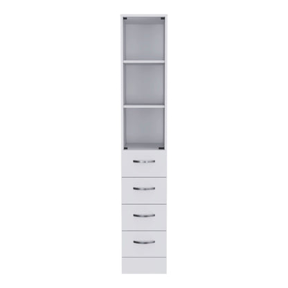 Linen Cabinet, 3 Shelves, 4 Drawers And Metal Handles - White