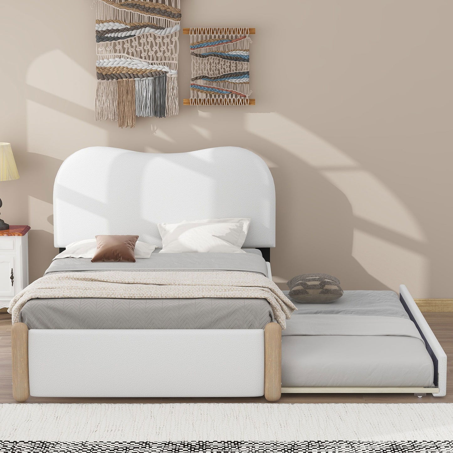 Upholstered Platform Bed With Wood Supporting Feet And Trundle