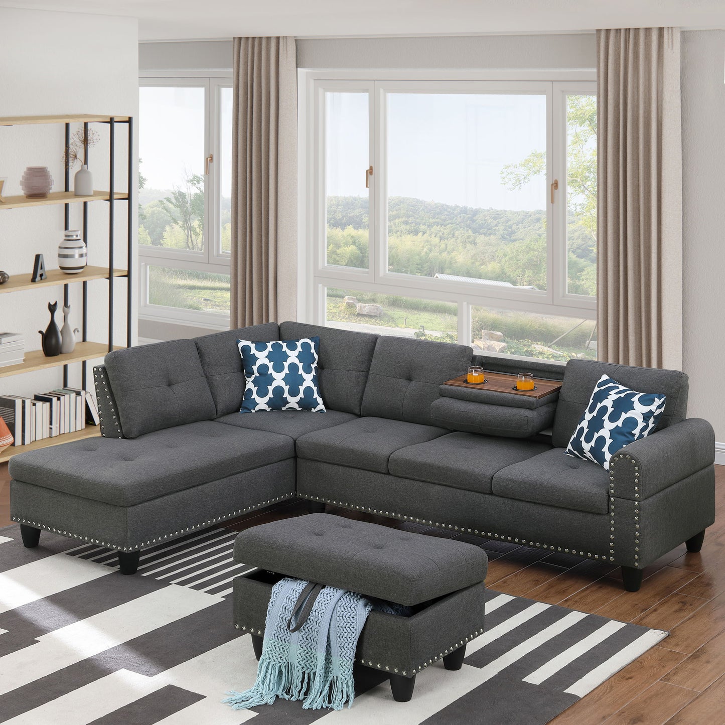 Alger - Left Hand Facing Sofa & Chaise With Ottoman - Dark Gray