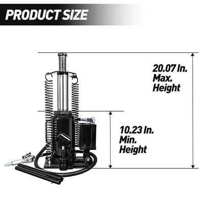 Air Hydraulic Bottle Jack, 20 Ton / 40000 Lbs Bottle Jack, 10.23-20.07-Inch Lifting Range, Manual Handle And Air Pump - Black