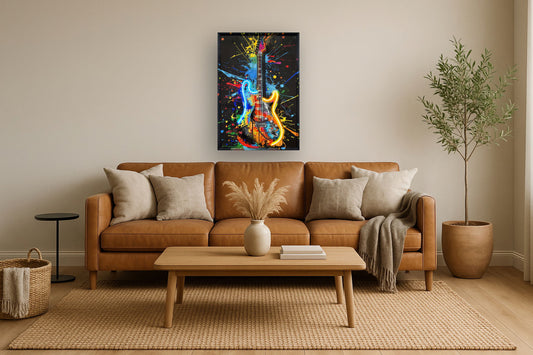 Neon Splash Guitar - 25" x 37" Framed Wall Art - Black