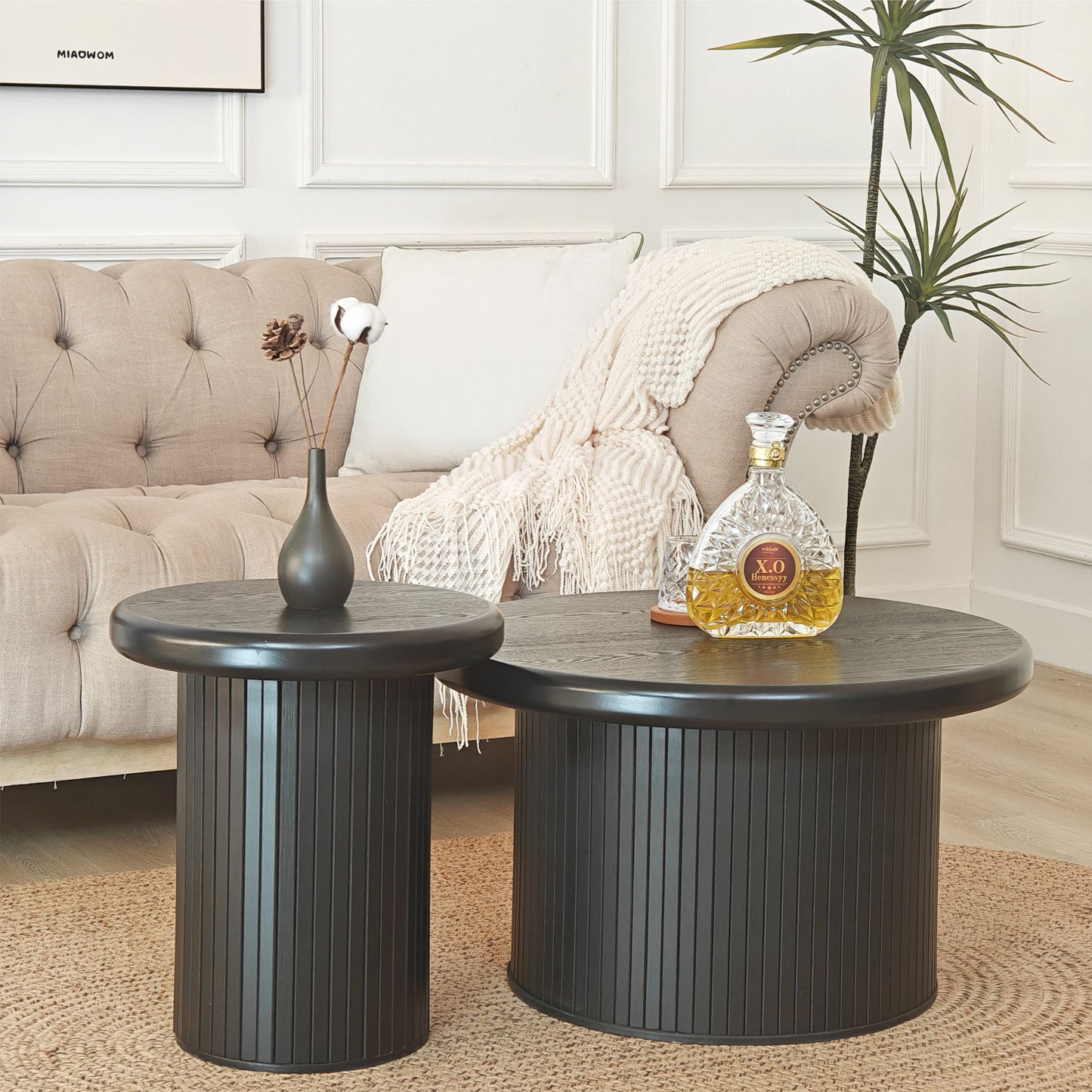 Fluted Cylinder Side Tables, Round End Tables For Living Room (Set of 2) - Black