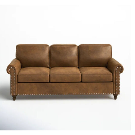 Sofa With Rolled Arms And Studs Trim - Brown