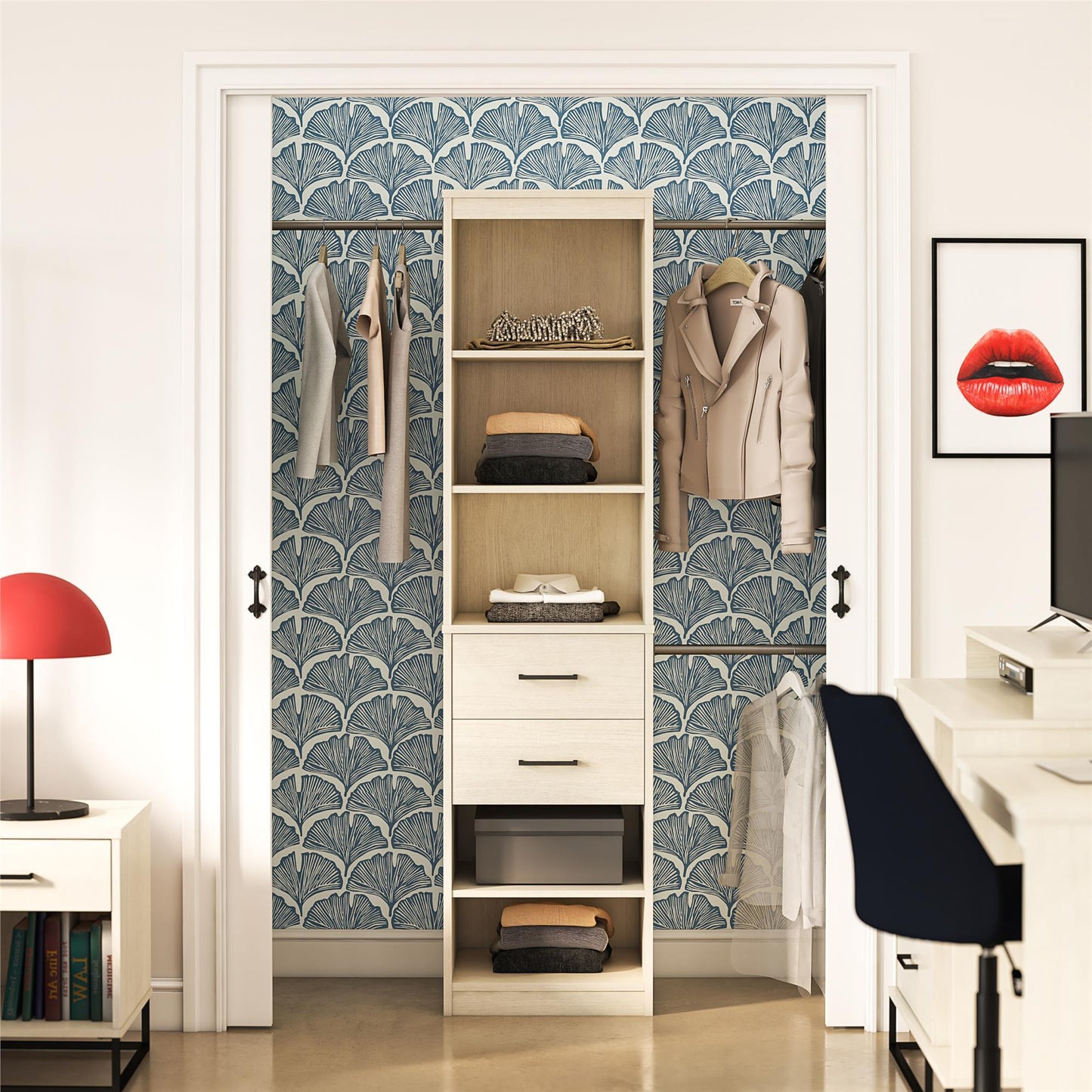 Kelly - 5 Shelf 2 Drawer Closet Organizer With 3 Adjustable Hanging Rods - Ivory