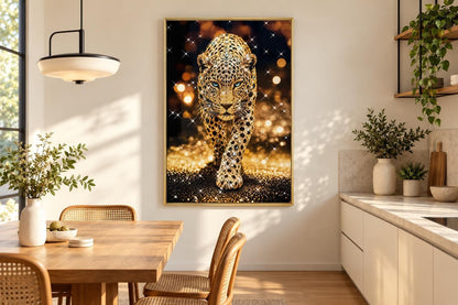 Gilded Leopard Stride - 32 X 47 - Gloss With Foil & Rocks In Frame - Gold, Black
