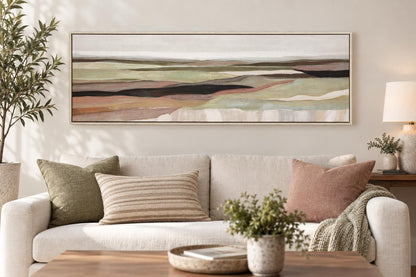 Sage Valley Reverie - 60 X 20 - Hand-Painted Canvas In Frame - Sage Green, Dusty Rose, Cream, Charcoal