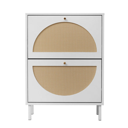 2 Door Shoe Rack, Rattan, Double Layer, Suitable For Living Room, Hallway - White