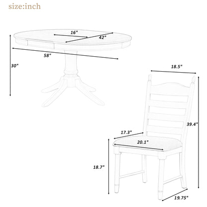 Trexm 5-Piece Retro Functional Dining Table Set Wood Round Extendable Dining Table And 4 Upholstered Dining Chairs (Antique White)