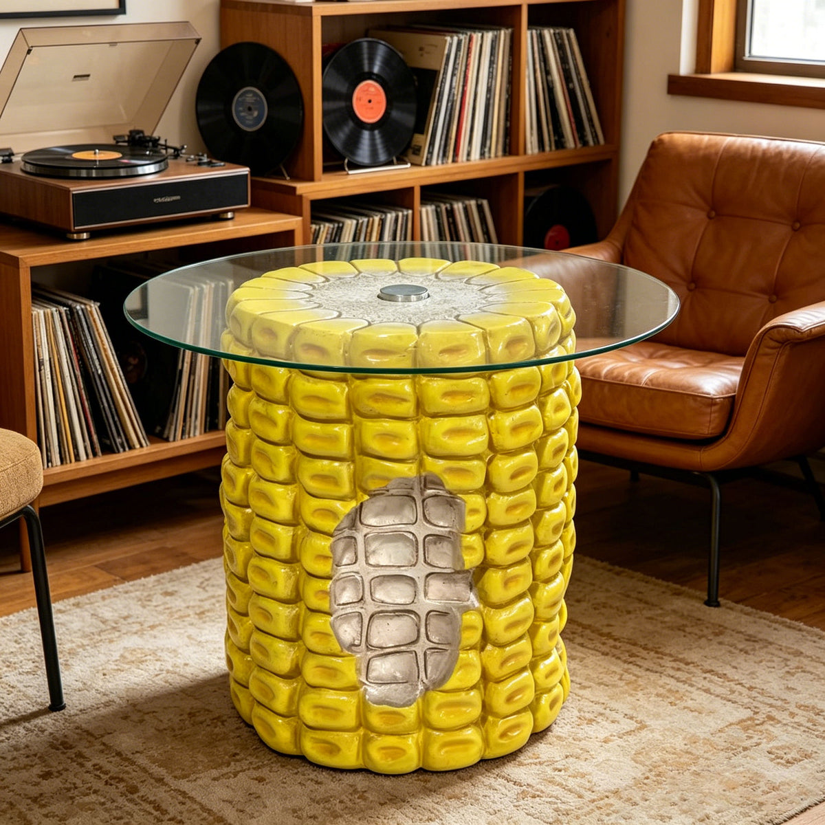17.32" High Novelty Corn Cob Side Table, 19.69" Wide Vegetable-Shaped End Table With Glass Top, Multi-Functional Accent Furniture For Home & Garden Decoration