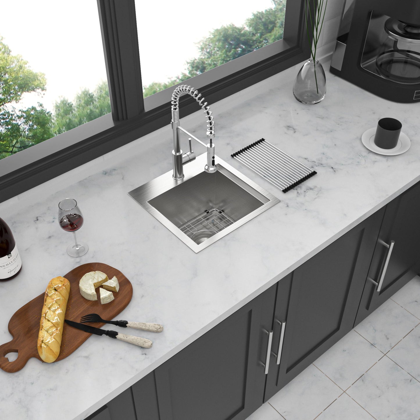 Modern Stainless Steel 15" Drop In Kitchen Sink Workstation With Accessories - Brushed Nickel