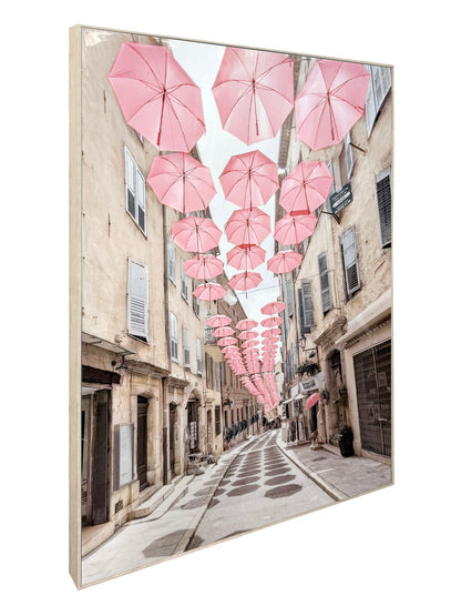 Pink Umbrellas Promenade Gloss Canvas In Frame - Pink / Ivory