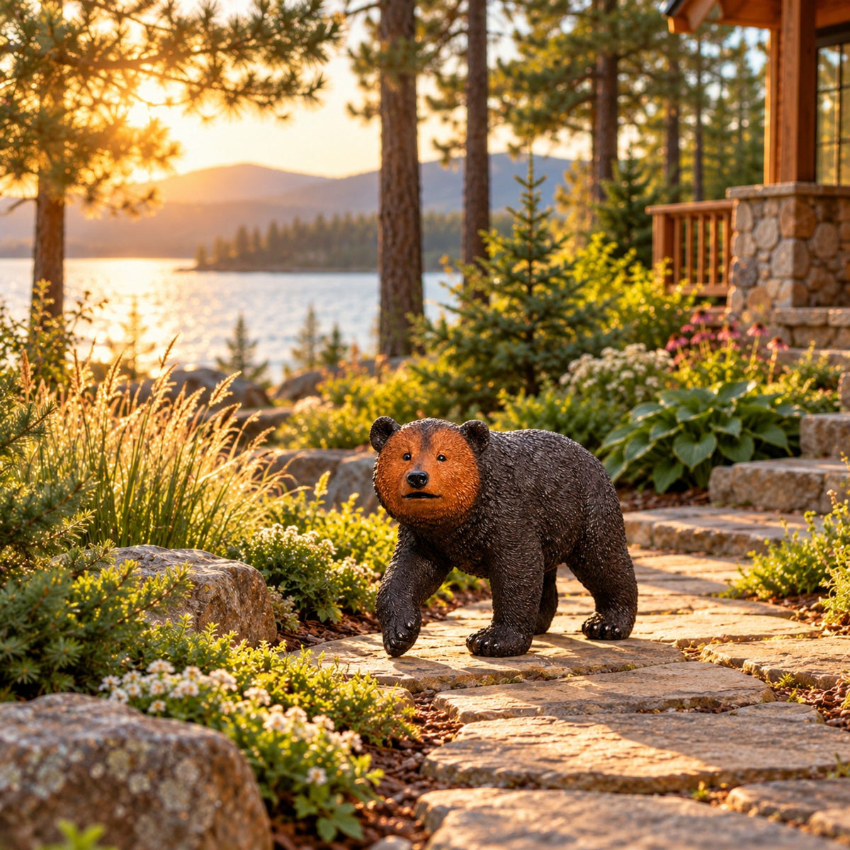 Bear Garden Statue, Walking Animal Sculpture With 2 Ground Stakes For Outdoor Decor - Black