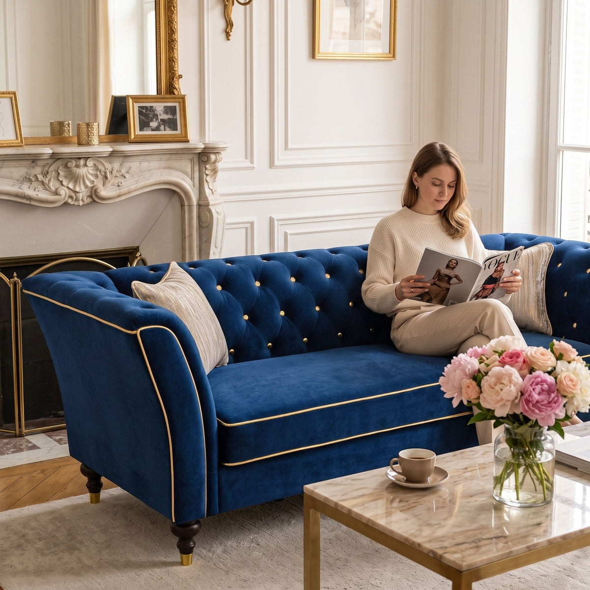 3 Person Sofa With Deep Seat, Tufted Backrest