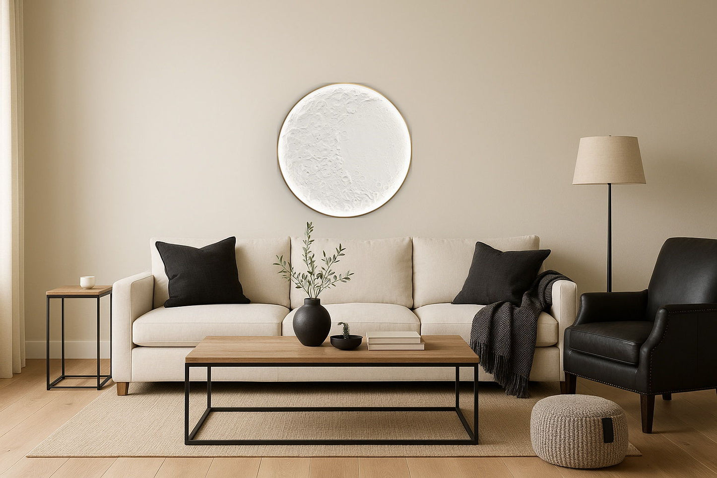 Lunar Relief Hand-Painted LED Canvas In Frame - Ivory / White