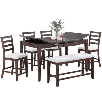 6 Piece Counter Height Dining Set Table With Storage Ladder Back Chairs And Bench - Walnut