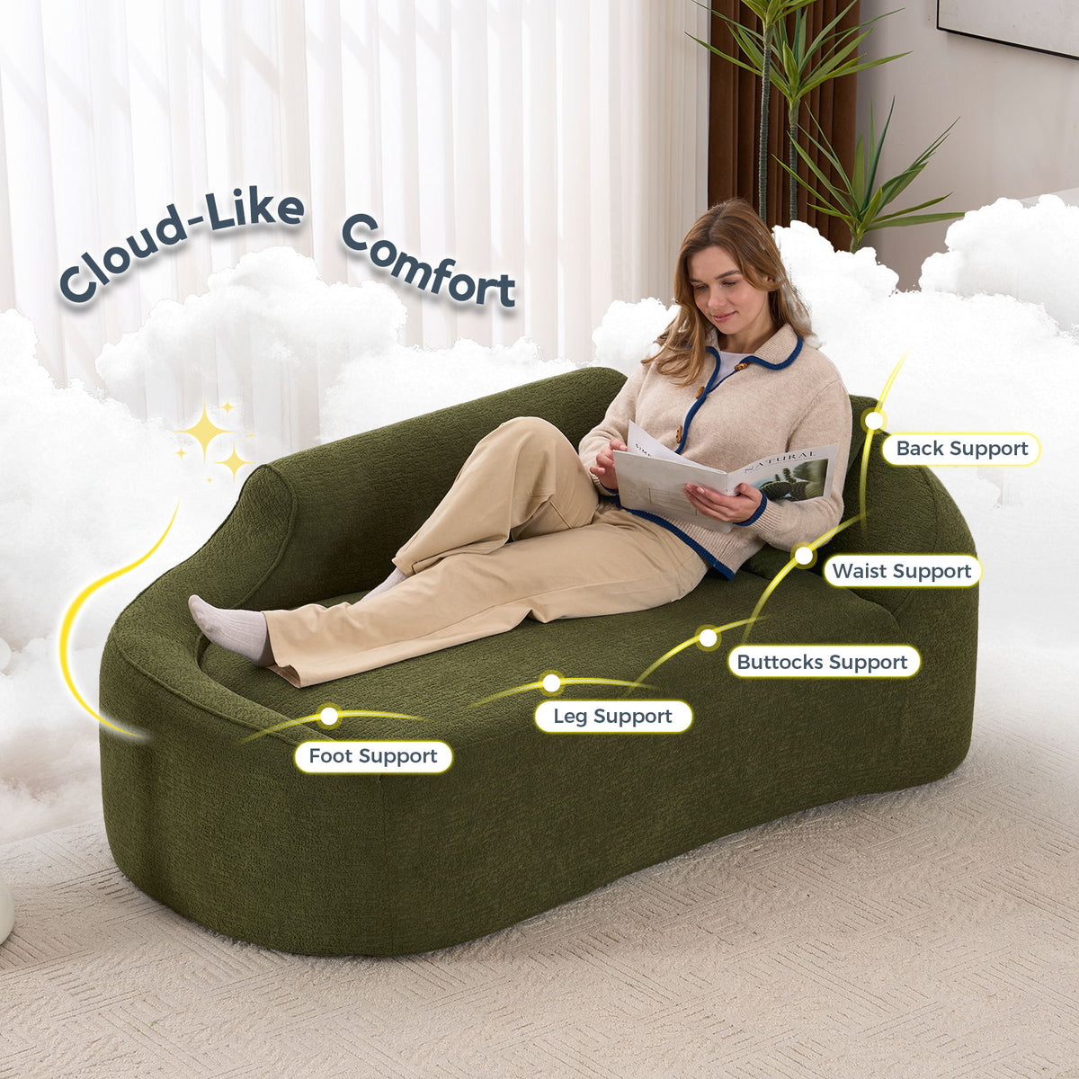 Compression Curved Chaise Longue Chair Indoor Loveseat Sofa Bed With Deep Seat And Pillow - Green
