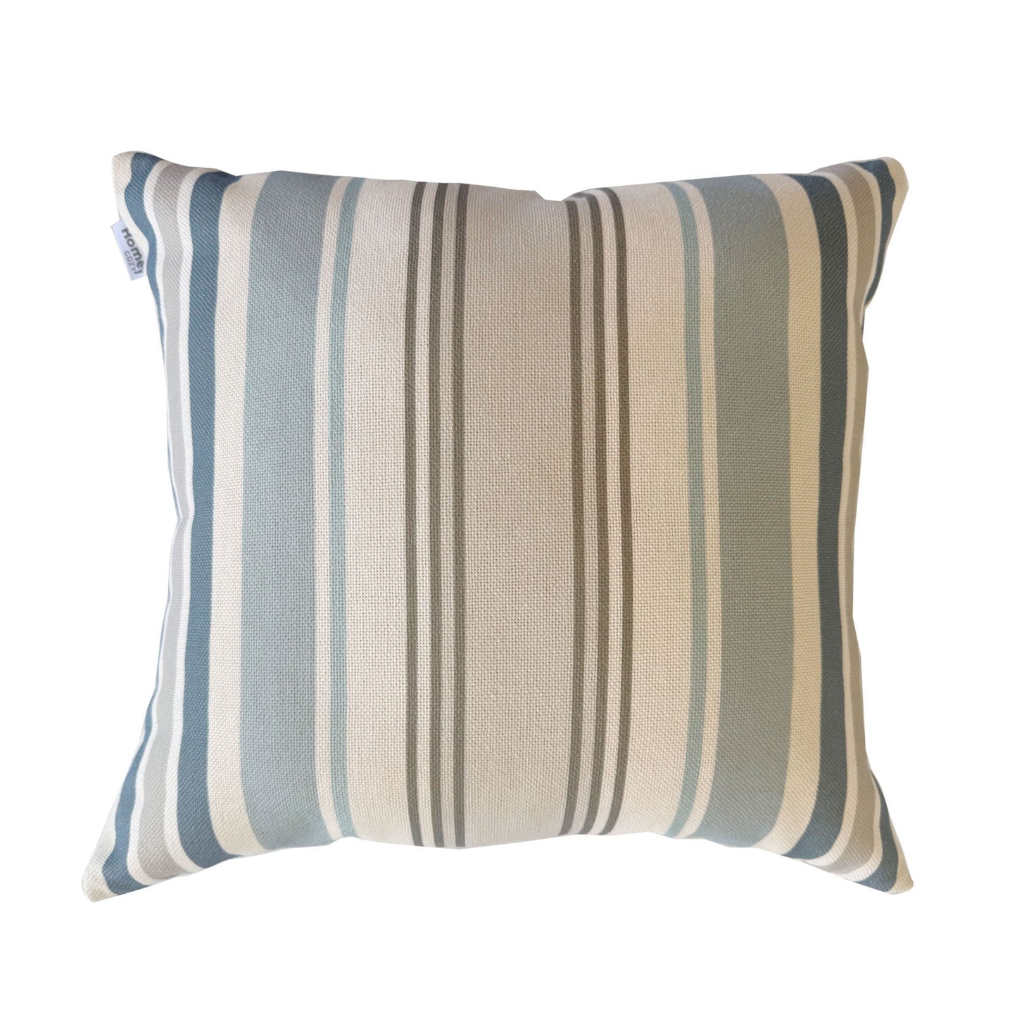 Striped pillow with blue and beige pattern on a white background